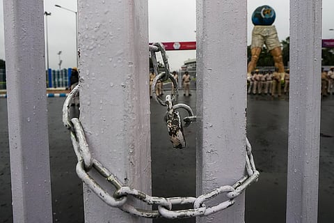 Kolkata Doctor Rape-Murder: Locked entry gate of Salt Lake stadium in view of a protest march 